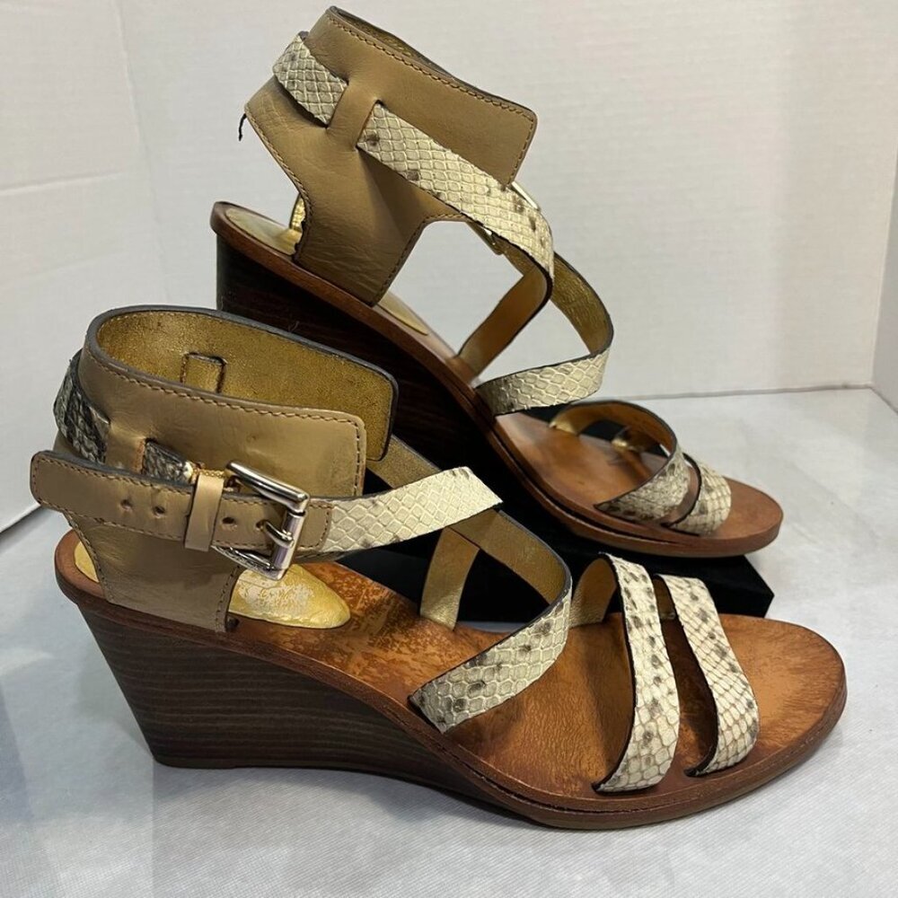 Coach Prue Snake Embossed Leather Wedge Sandals Beige Brown Ankle Strap Size 10B